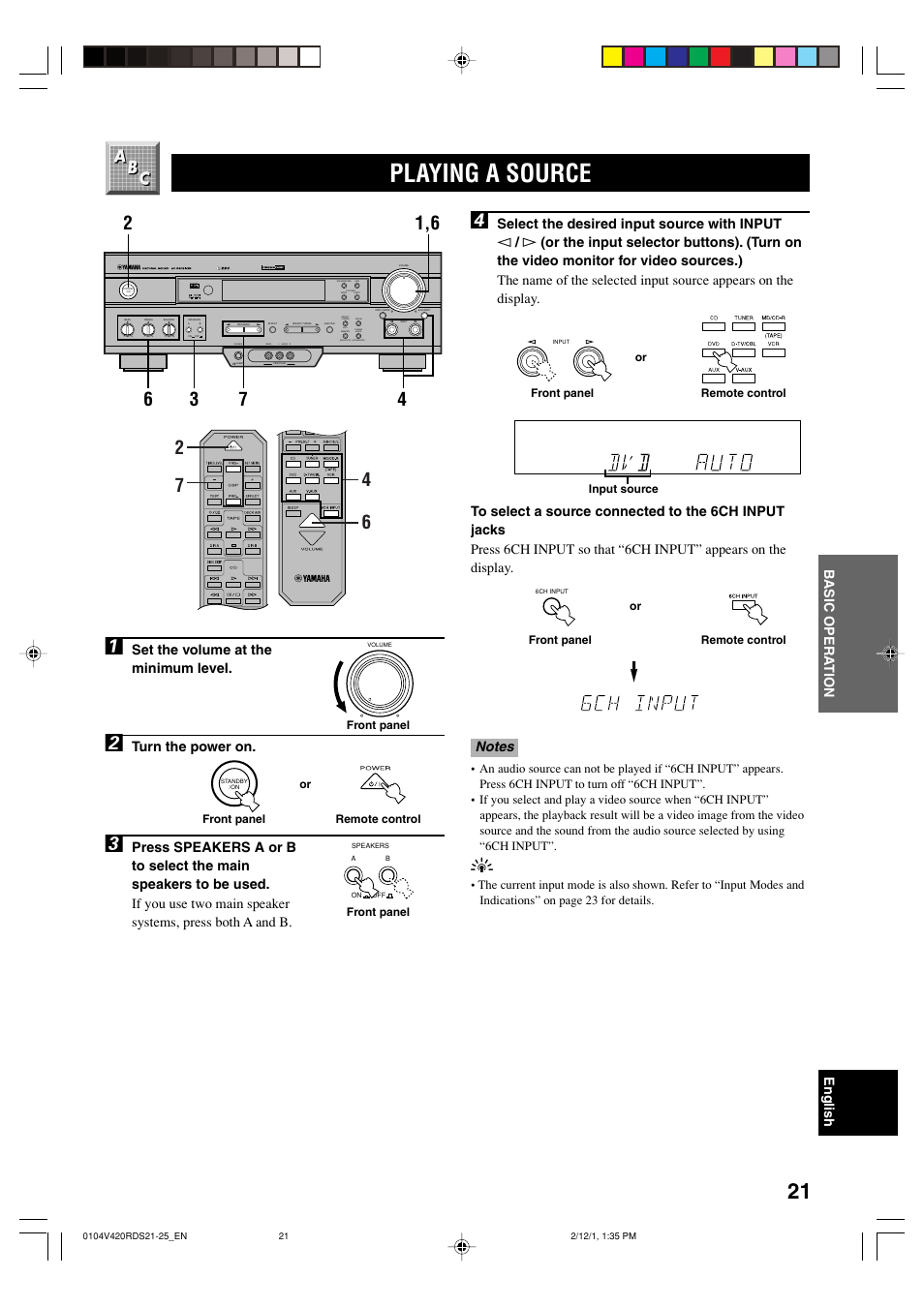 Playing a source, Set the volume at the minimum level, Turn the power on | Yamaha HTR-5440RDS User Manual | Page 23 / 57