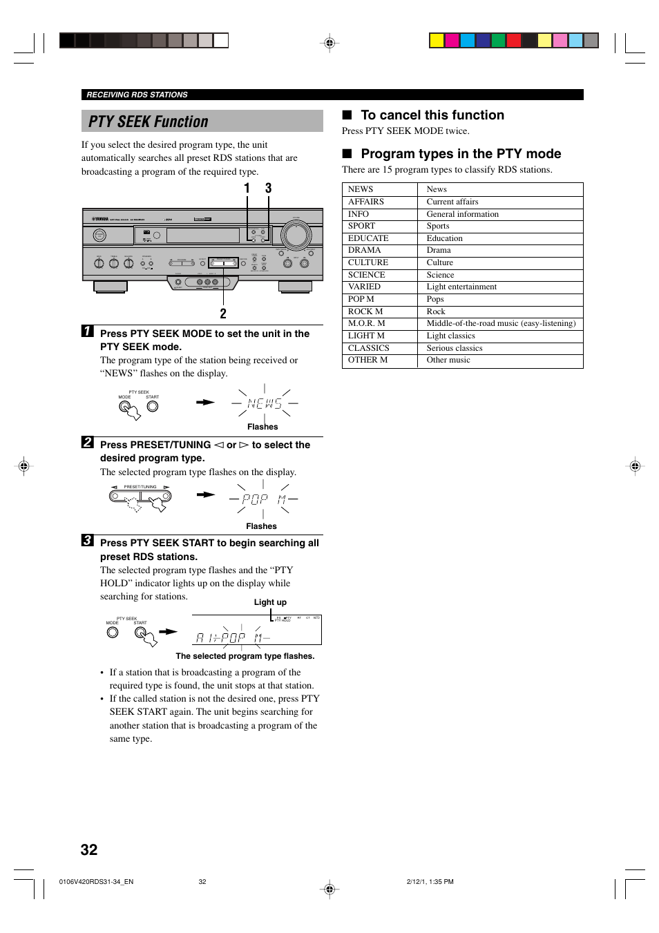 Pty seek function, 32 pty seek function, Program types in the pty mode | Press pty seek mode twice, Flashes, The selected program type flashes. light up | Yamaha HTR-5440RDS User Manual | Page 34 / 57