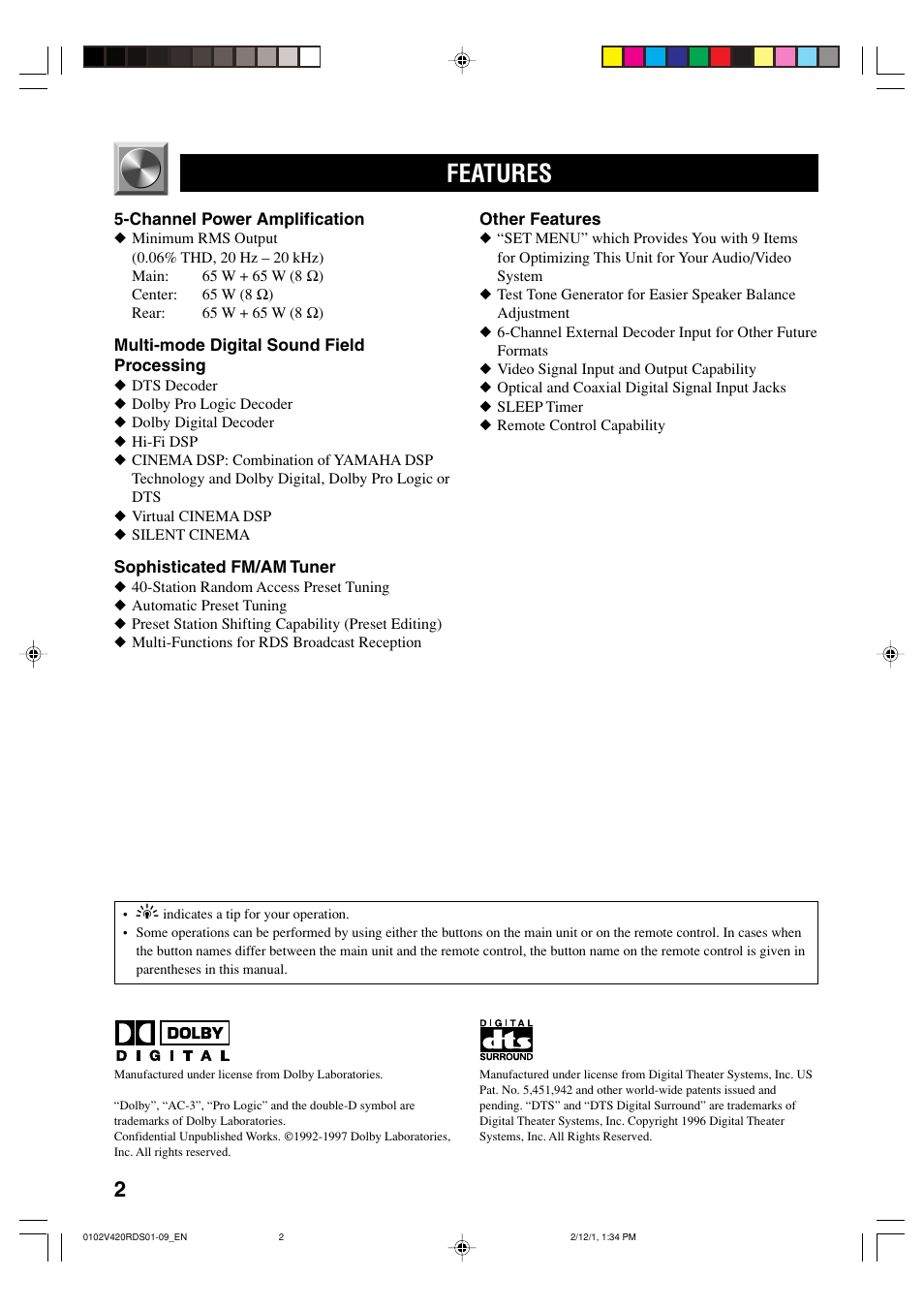 Features | Yamaha HTR-5440RDS User Manual | Page 4 / 57