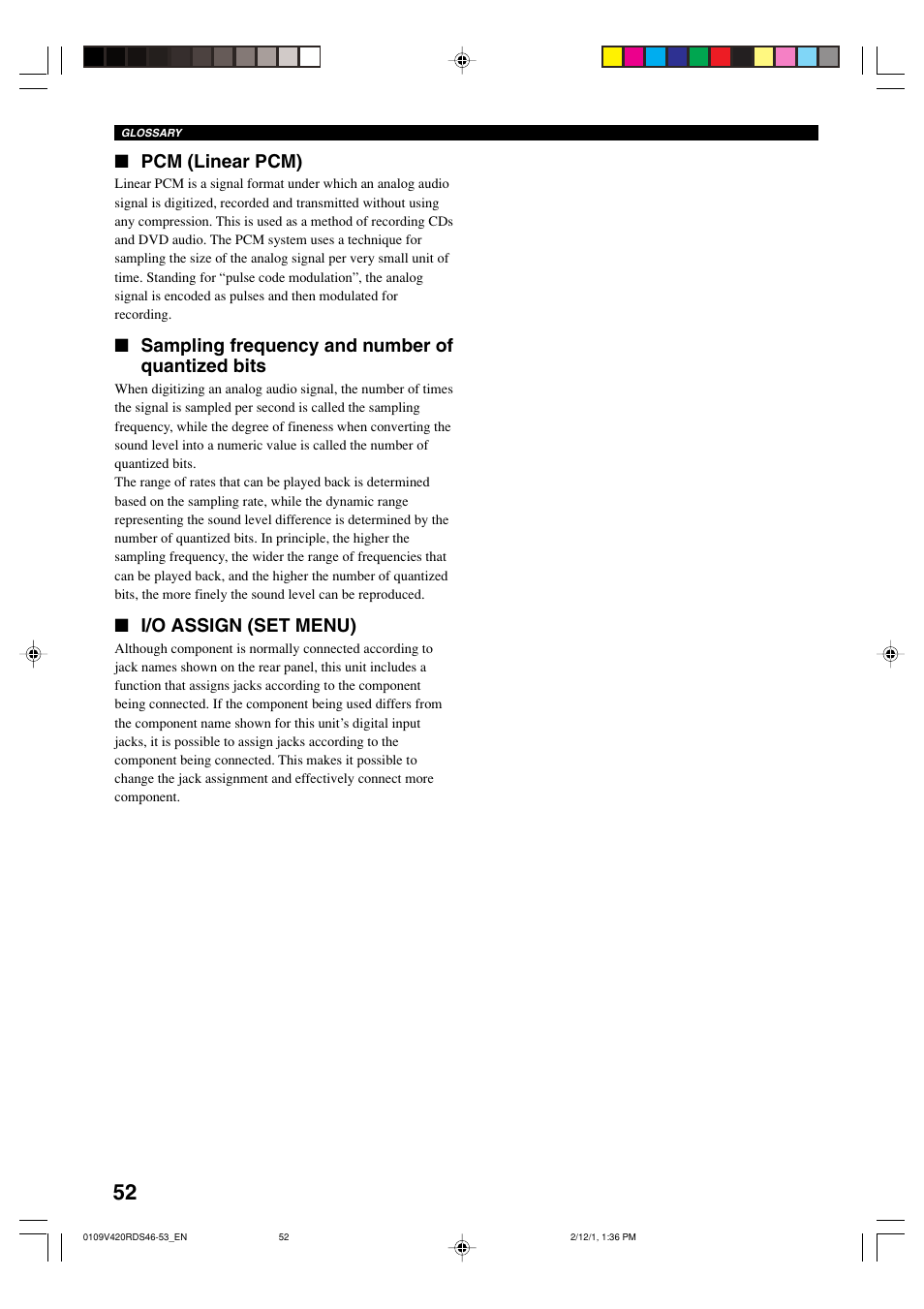 Pcm (linear pcm), Sampling frequency and number of quantized bits, I/o assign (set menu) | Yamaha HTR-5440RDS User Manual | Page 54 / 57