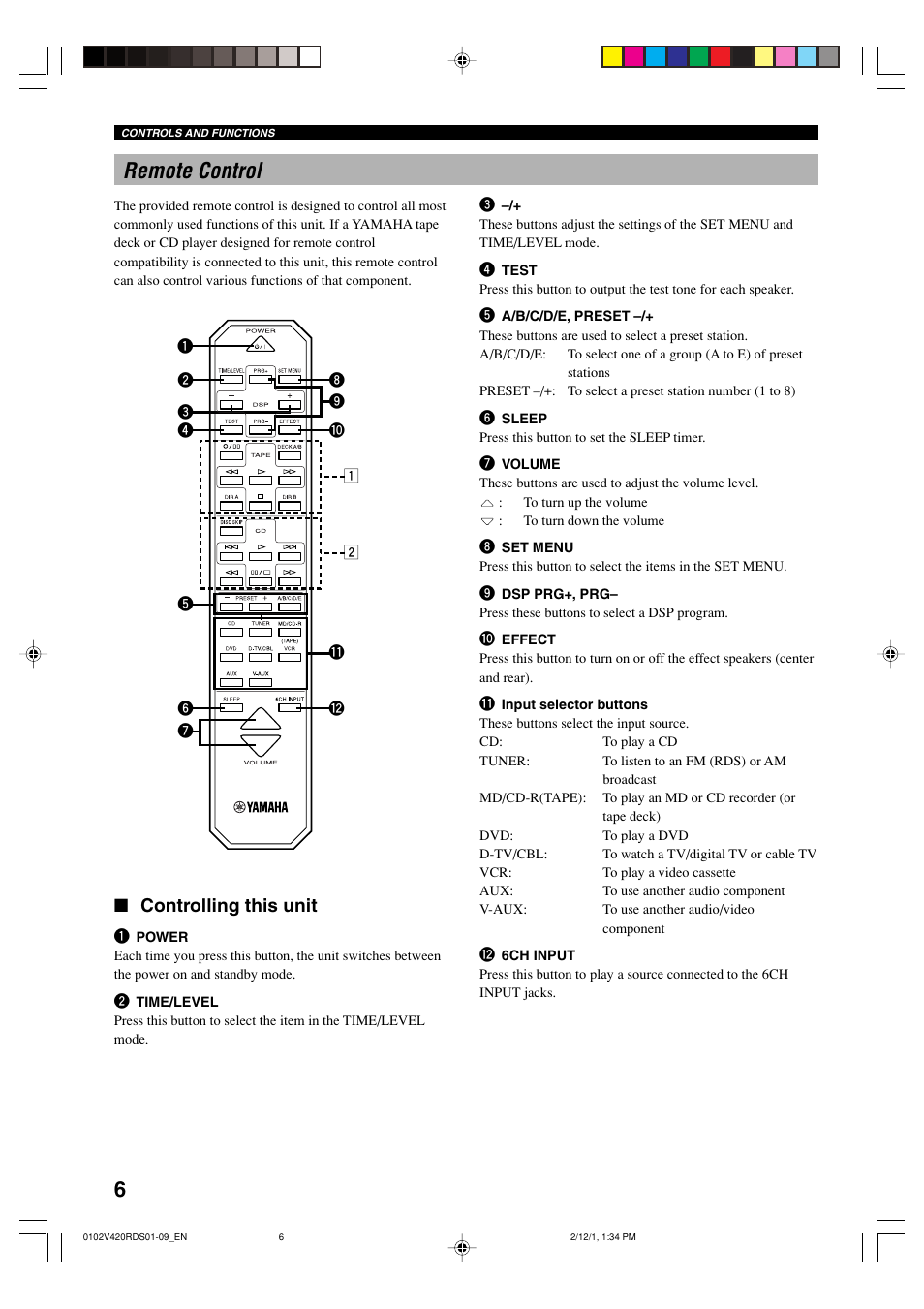 Remote control, 6remote control, Controlling this unit | Yamaha HTR-5440RDS User Manual | Page 8 / 57