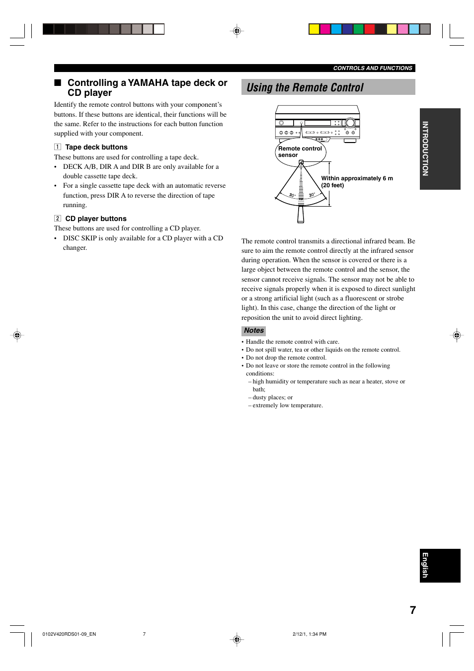 Using the remote control, Controlling a yamaha tape deck or cd player | Yamaha HTR-5440RDS User Manual | Page 9 / 57