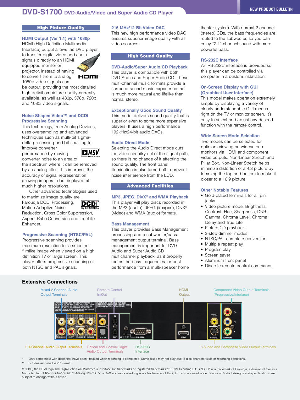 Dvd-s1700, Extensive connections, Dvd-audio/video and super audio cd player | Yamaha DVD1700 User Manual | Page 2 / 2