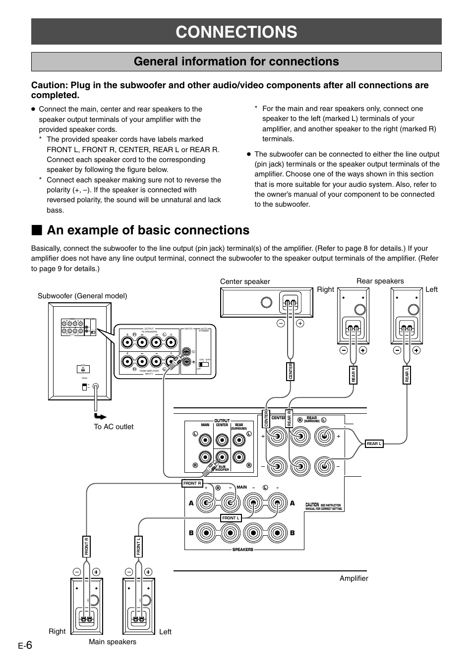 Connections, General information for connections, An example of basic connections | Yamaha NS-P610 User Manual | Page 10 / 21