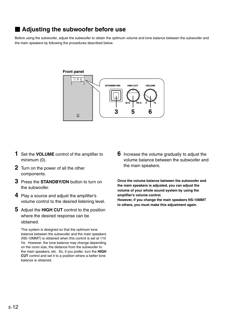 Adjusting the subwoofer before use | Yamaha NS-P610 User Manual | Page 16 / 21