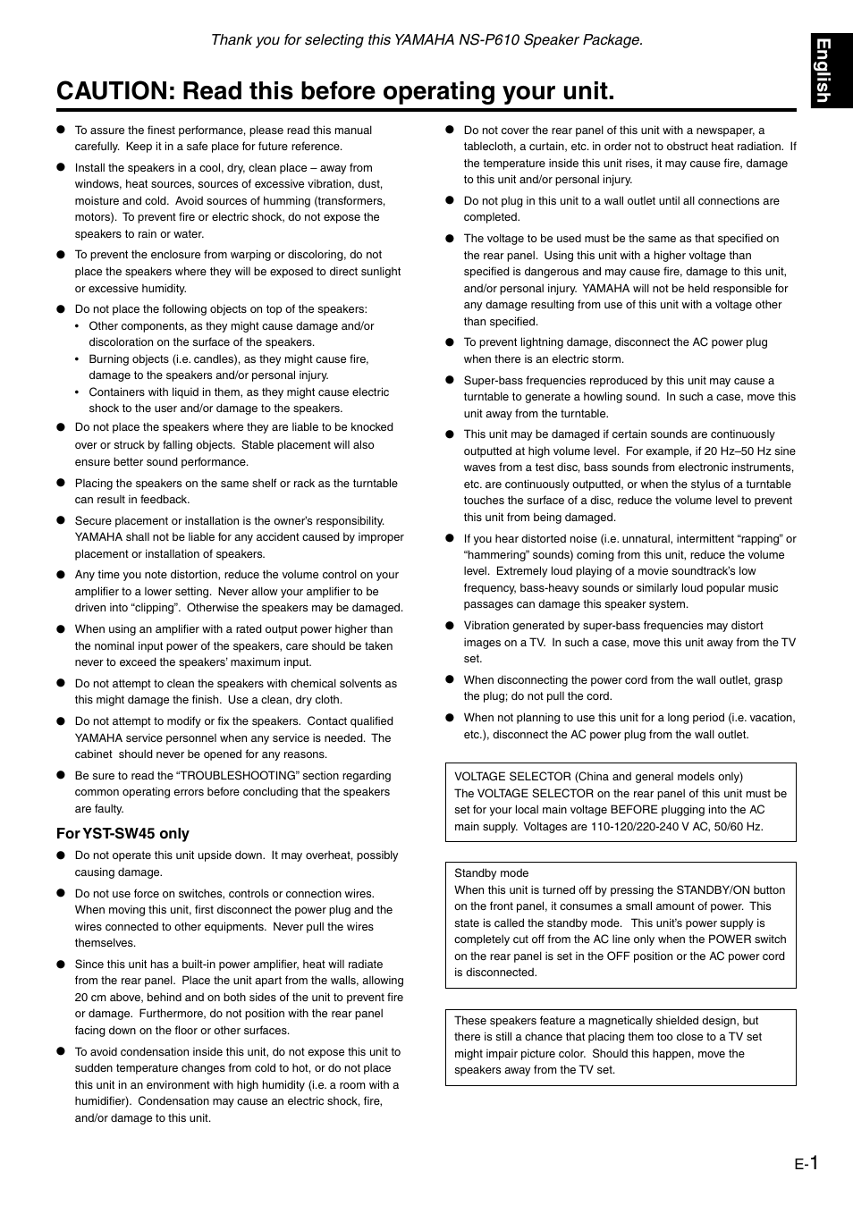 Caution, Caution: read this before operating your unit, English | Yamaha NS-P610 User Manual | Page 5 / 21