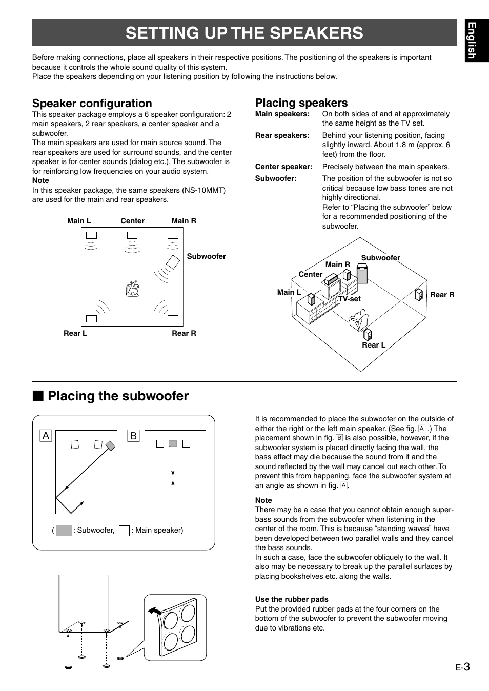 Setting up the speakers, Placing the subwoofer, Speaker configuration | Placing speakers, English | Yamaha NS-P610 User Manual | Page 7 / 21