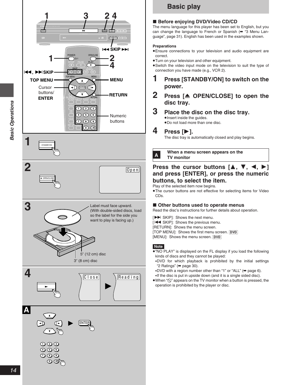 Basic play, Press [standby/on] to switch on the power, Press [ < open/close] to open the disc tray | Place the disc on the disc tray, Press [ 1 | Yamaha DV-S5270 User Manual | Page 14 / 40