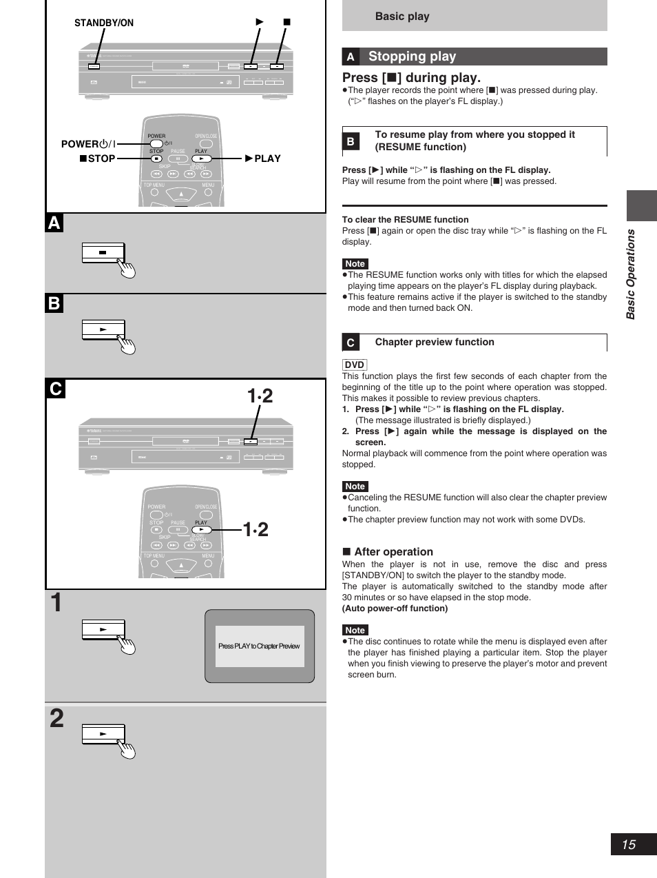 Stopping play press [ º ] during play, Basic operations, Basic play | º after operation | Yamaha DV-S5270 User Manual | Page 15 / 40