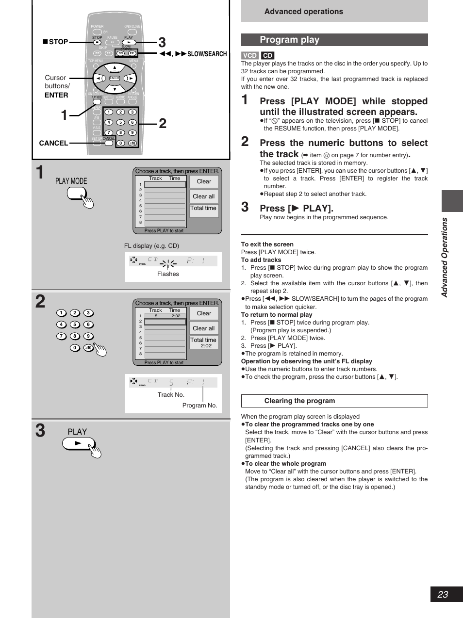 Program play, Press the numeric buttons to select the track, Press [ 1 play | Play mode, Play, Advanced operations, Vcd] [cd | Yamaha DV-S5270 User Manual | Page 23 / 40