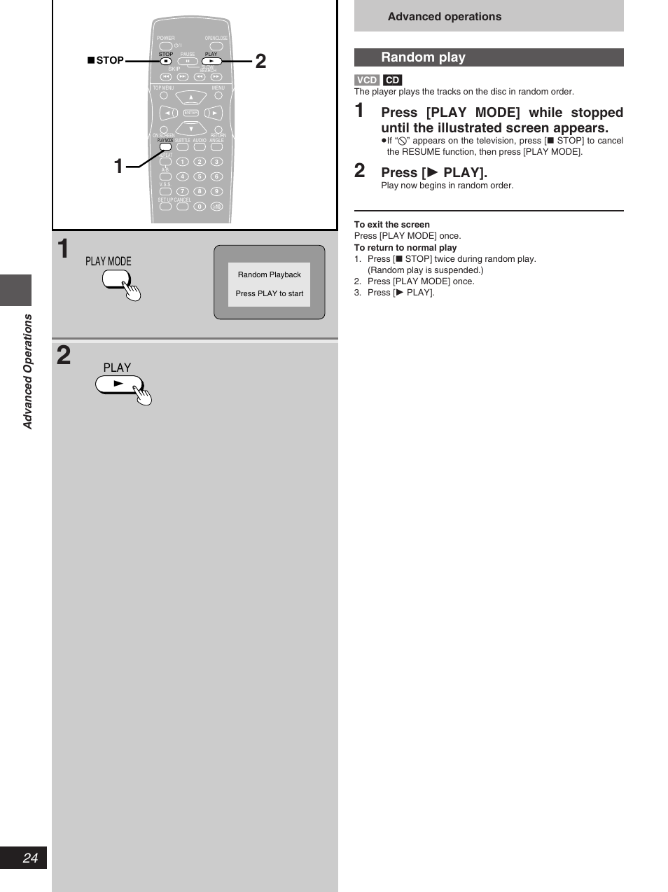 Random play, Press [ 1 play, Play mode | Play, Advanced operations, Vcd] [cd | Yamaha DV-S5270 User Manual | Page 24 / 40