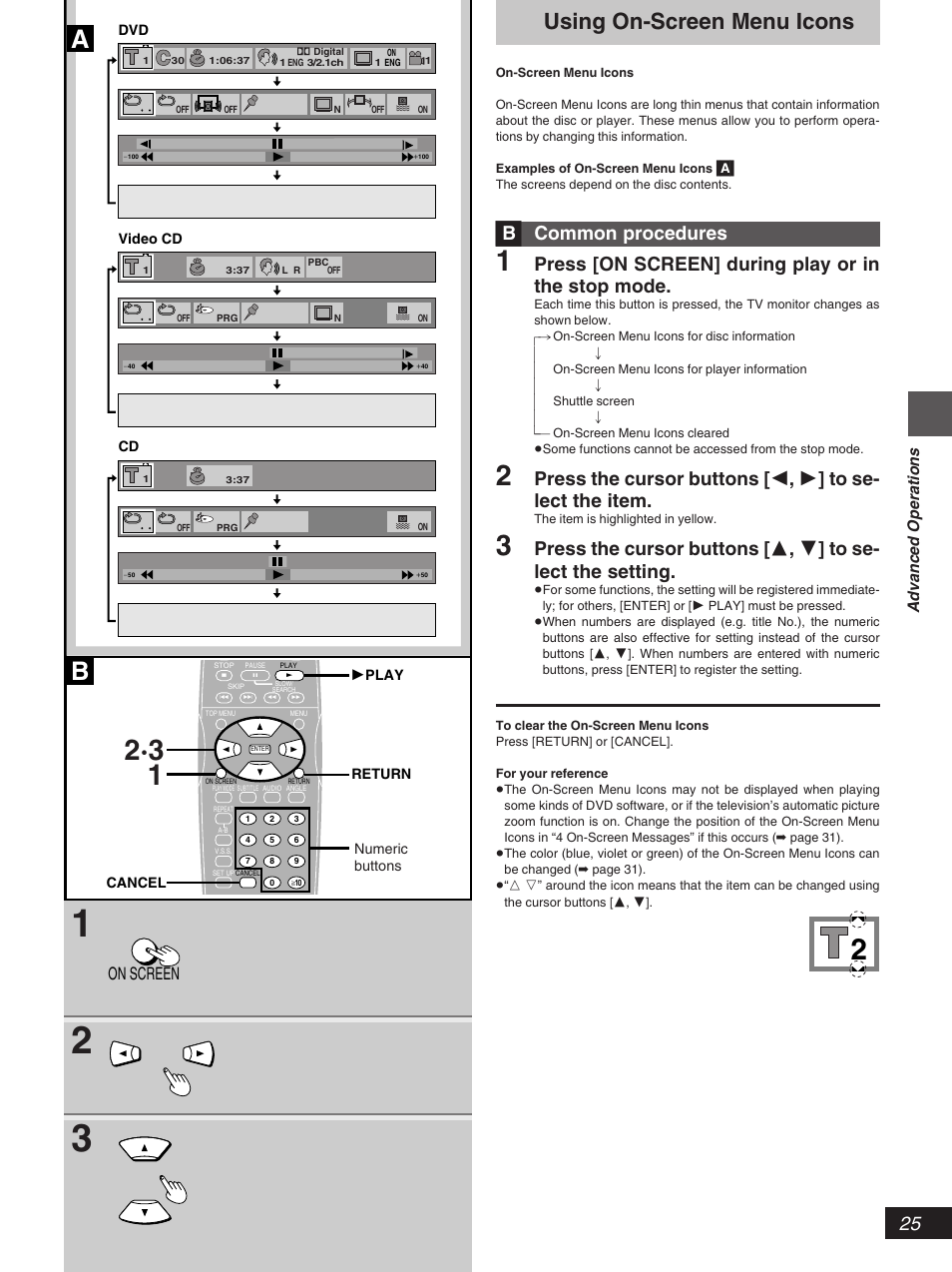 Using on-screen menu lcons, Using on-screen menu icons, Bcommon procedures | Press [on screen] during play or in the stop mode, On screen, Advanced operations | Yamaha DV-S5270 User Manual | Page 25 / 40