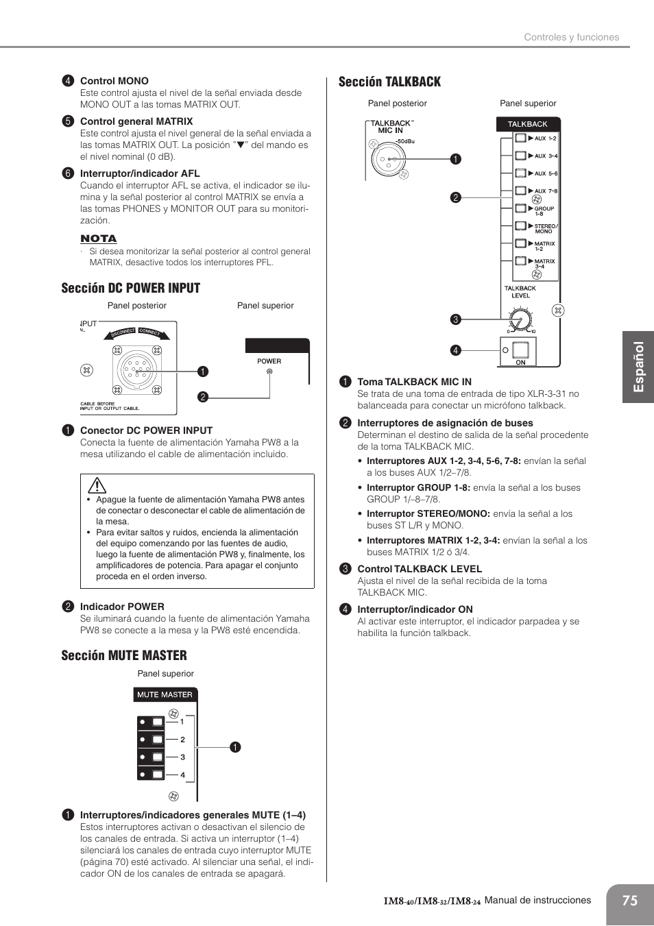 Sección dc power input, Sección mute master, Sección talkback | English español français deutsc h, Sección dc power input 1, Sección mute master 1, Sección talkback 1 | Yamaha IM8-32 User Manual | Page 15 / 33