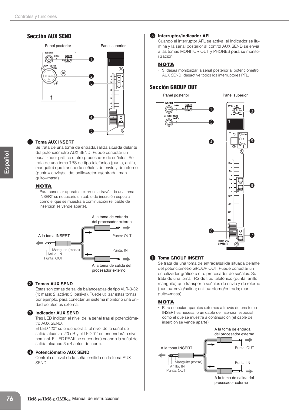 Sección aux send, Sección group out, English español deutsc h | 76 sección aux send 1, Sección group out 1 | Yamaha IM8-32 User Manual | Page 16 / 33