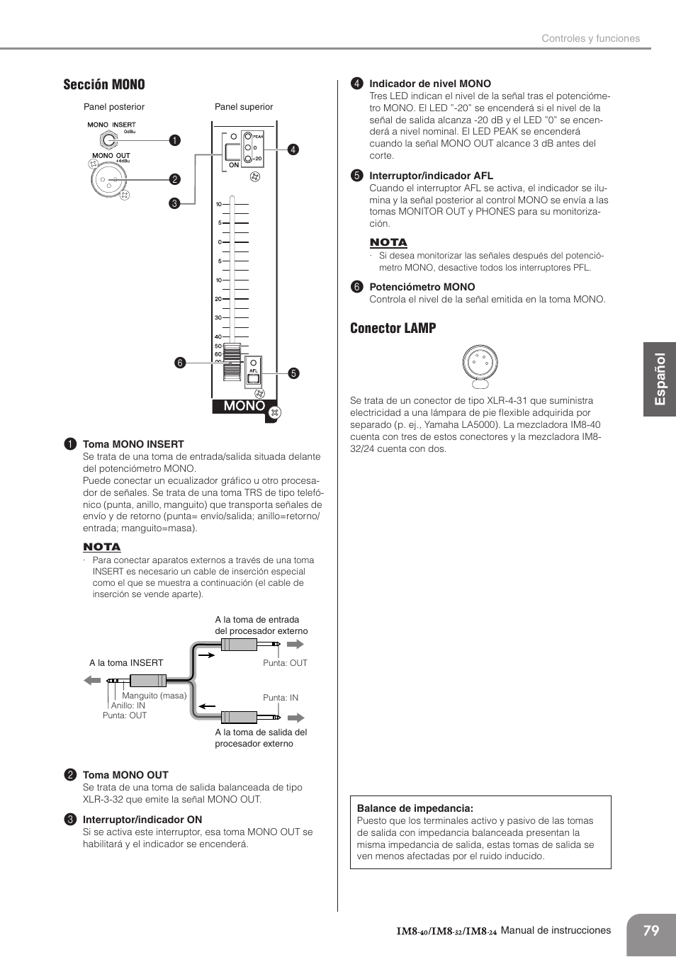 Sección mono, Conector lamp, English español français deutsc h | 79 sección mono 1 | Yamaha IM8-32 User Manual | Page 19 / 33