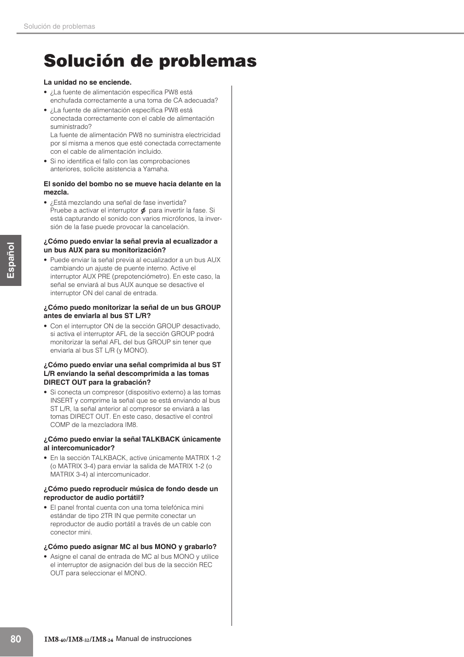 Solución de problemas, English español deutsc h | Yamaha IM8-32 User Manual | Page 20 / 33