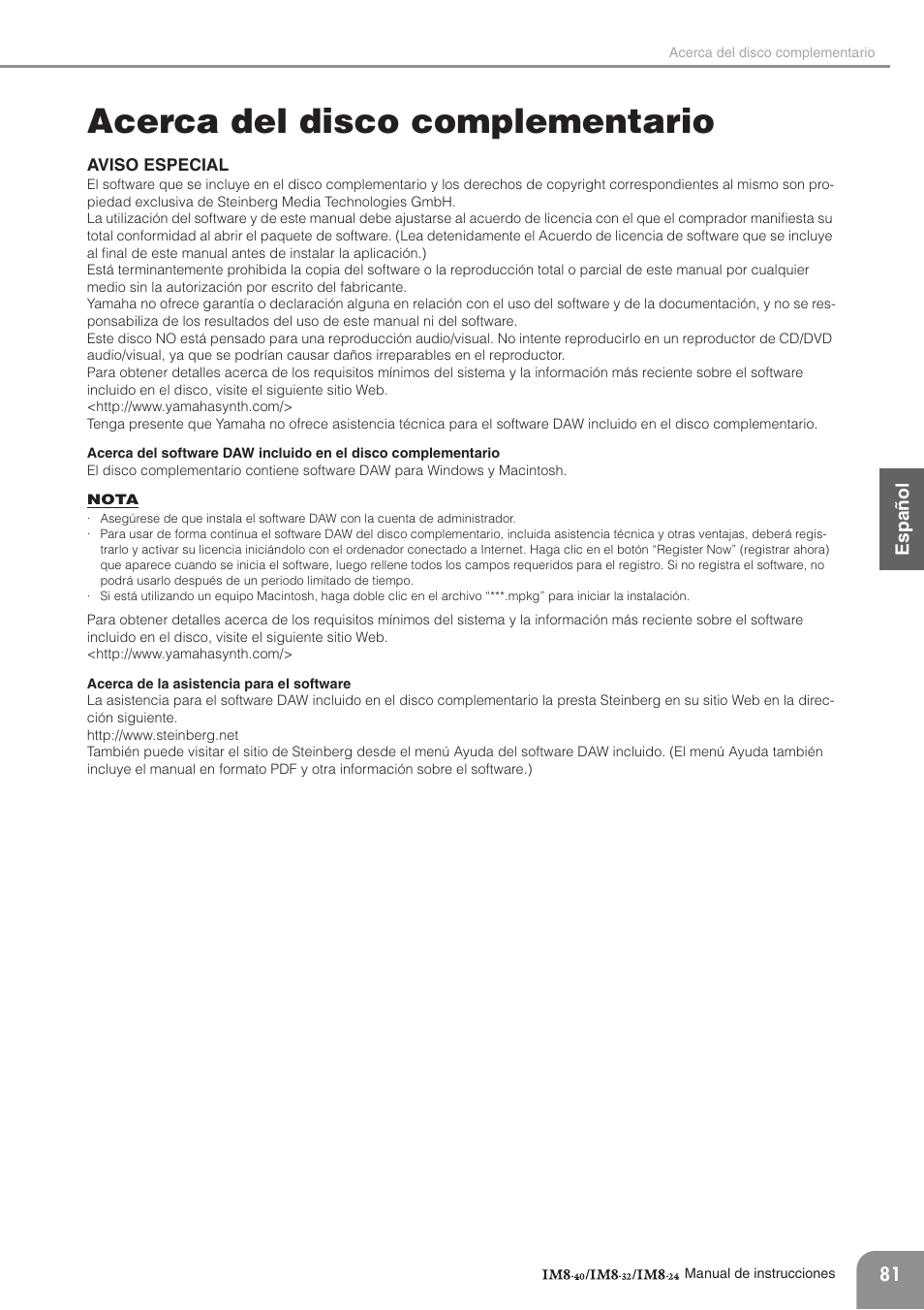 Acerca del disco complementario | Yamaha IM8-32 User Manual | Page 21 / 33
