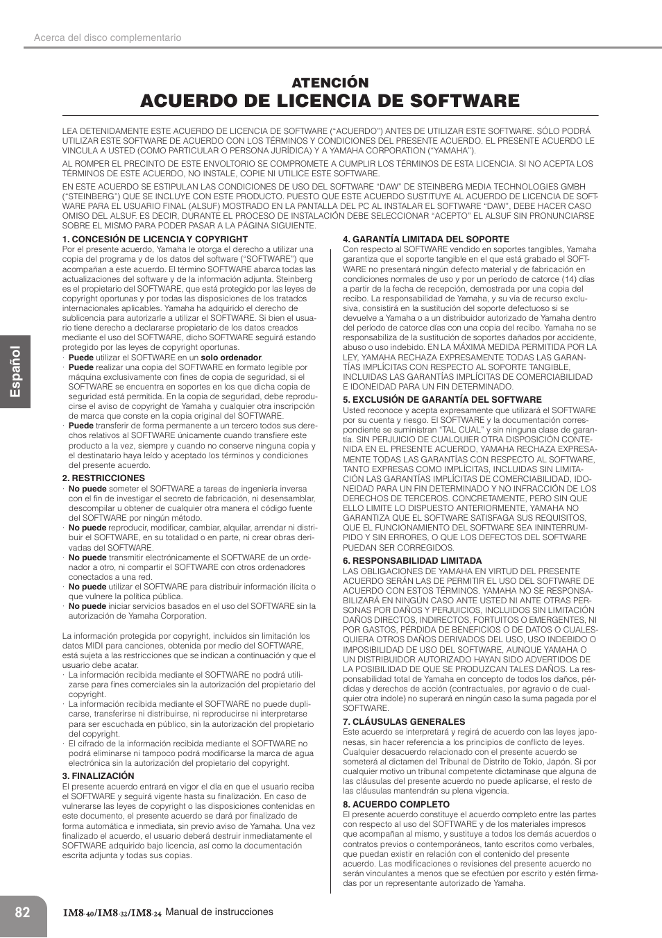 Acuerdo de licencia de software, English español deutsc h, 82 atención | Yamaha IM8-32 User Manual | Page 22 / 33