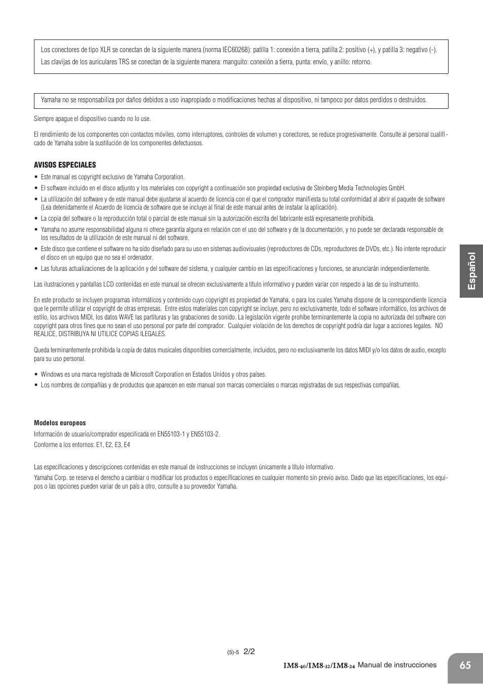 65 english español français deutsc h | Yamaha IM8-32 User Manual | Page 5 / 33