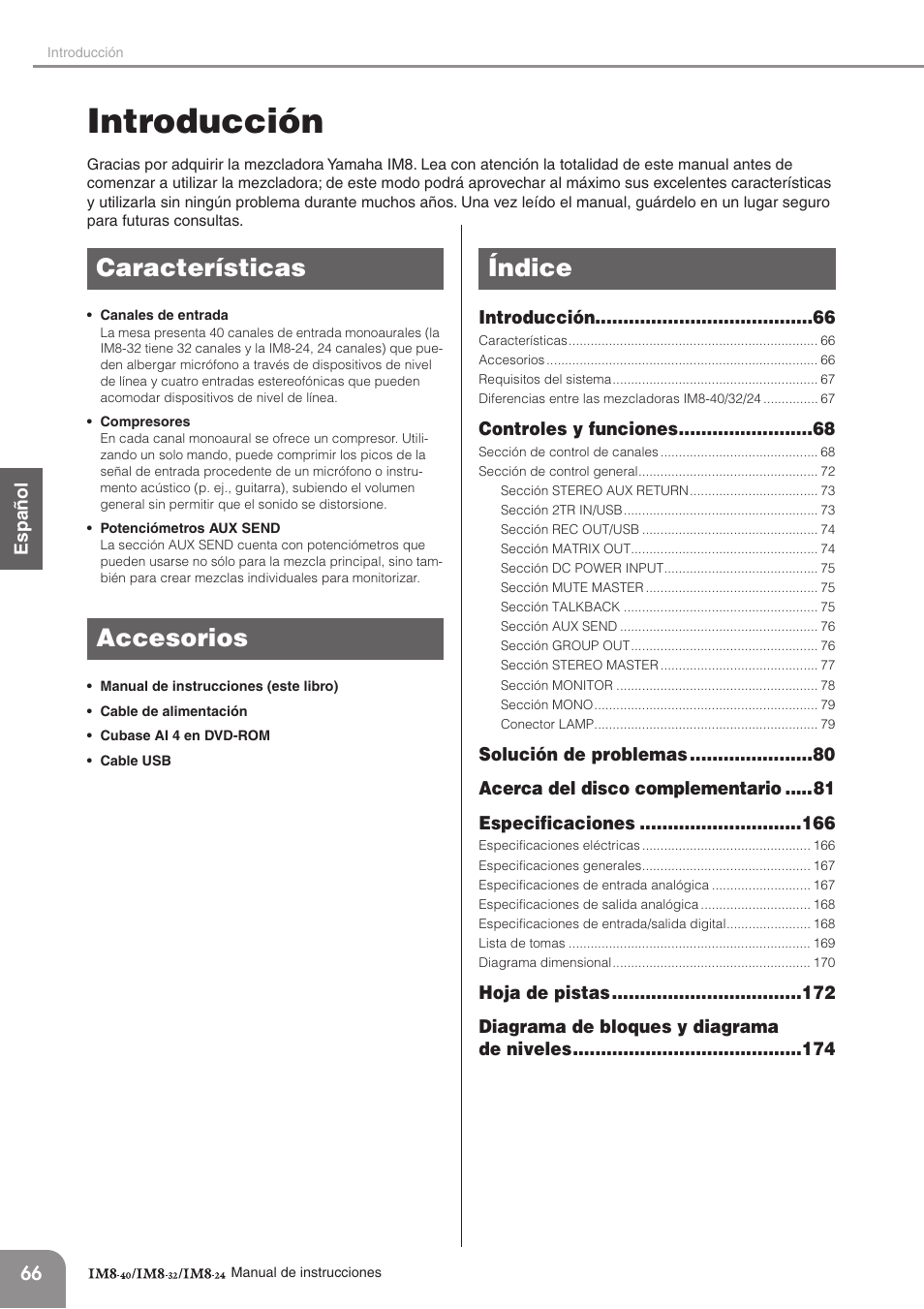 Introducción, Características, Accesorios | Índice, Características accesorios índice | Yamaha IM8-32 User Manual | Page 6 / 33