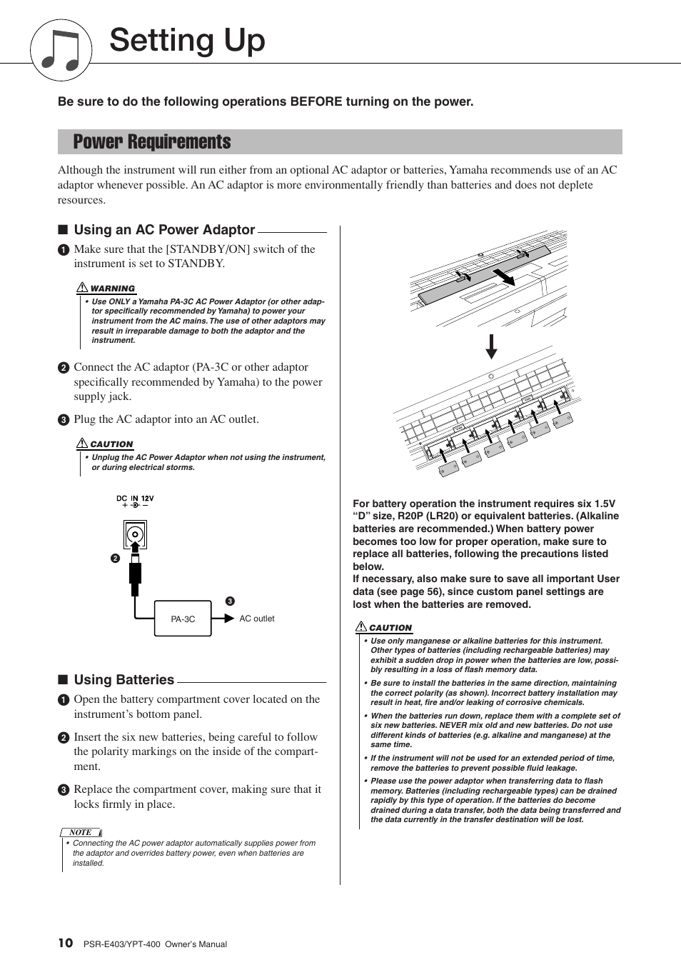 Setting up, Power requirements, Using an ac power adaptor | Using batteries | Yamaha YPT-400  EN User Manual | Page 10 / 126