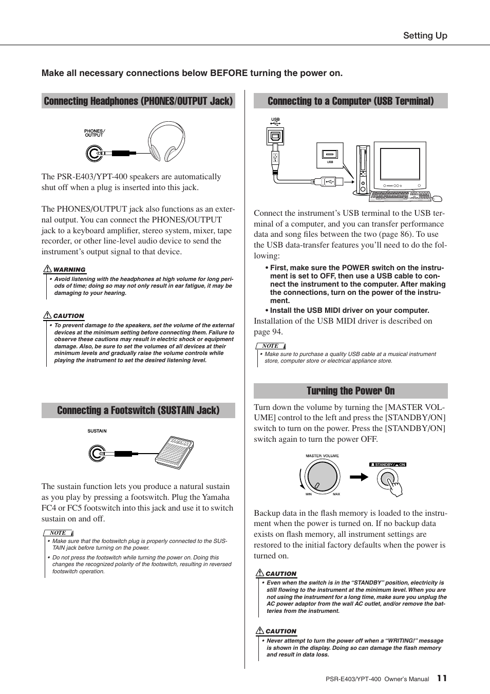 Connecting headphones (phones/output jack), Connecting a footswitch (sustain jack), Connecting to a computer (usb terminal) | Turning the power on | Yamaha YPT-400  EN User Manual | Page 11 / 126