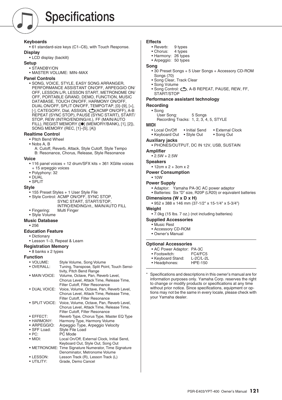 Specifications | Yamaha YPT-400  EN User Manual | Page 121 / 126