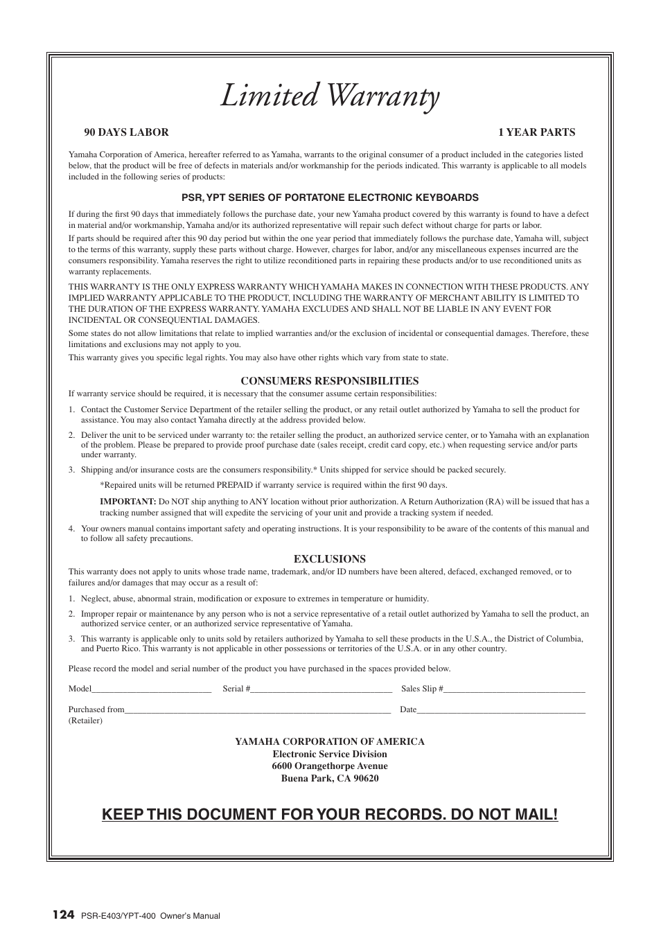 Limited warranty, Keep this document for your records. do not mail | Yamaha YPT-400  EN User Manual | Page 124 / 126
