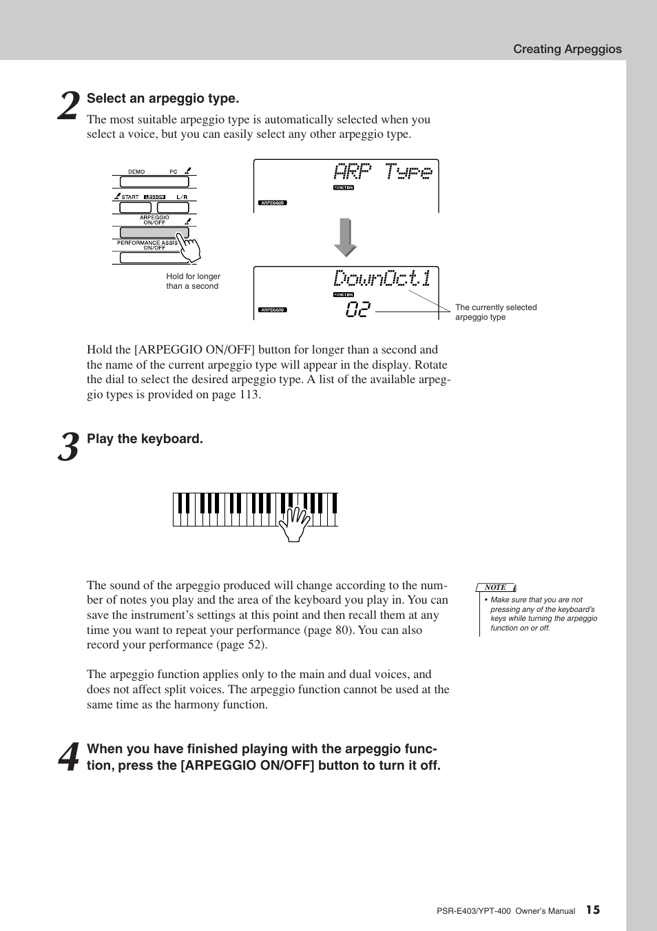 Downoct1 arp type | Yamaha YPT-400  EN User Manual | Page 15 / 126