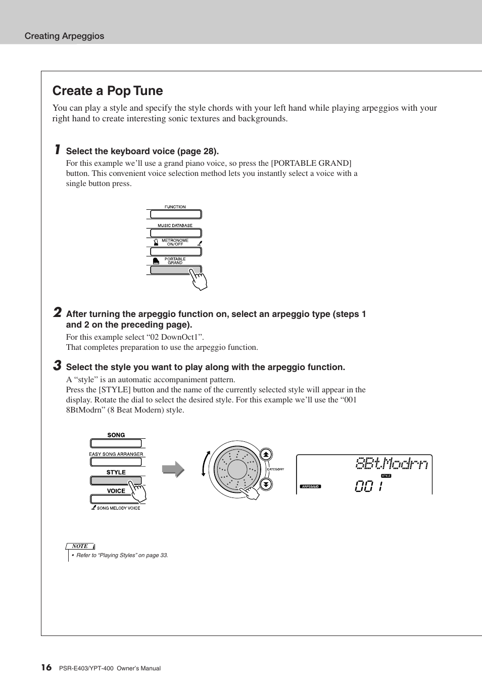 8btmodrn, Create a pop tune | Yamaha YPT-400  EN User Manual | Page 16 / 126