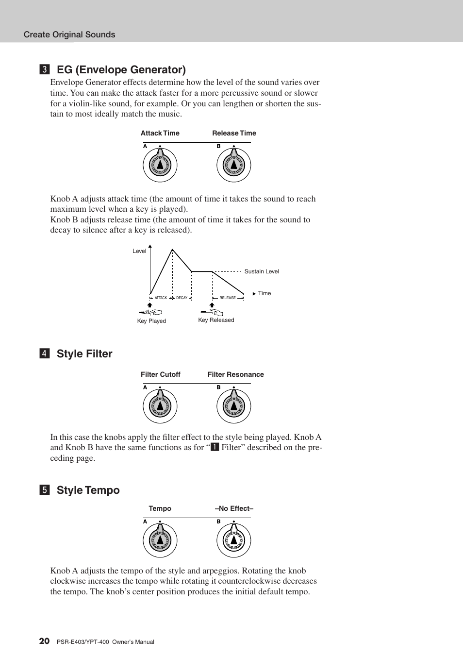 C eg (envelope generator), V style filter, B style tempo | Yamaha YPT-400  EN User Manual | Page 20 / 126