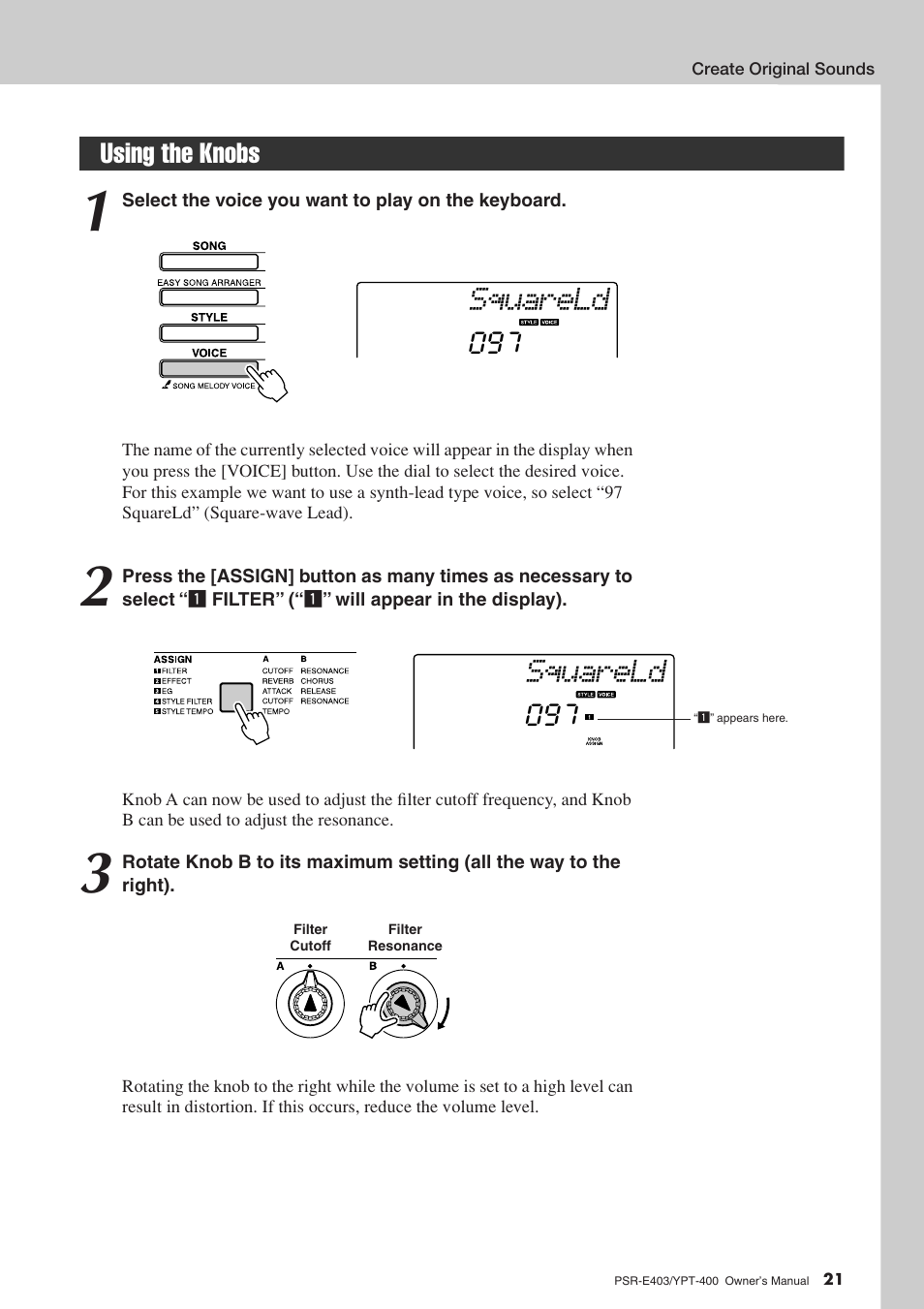 Using the knobs, Squareld, Using the knobs 097 | Yamaha YPT-400  EN User Manual | Page 21 / 126