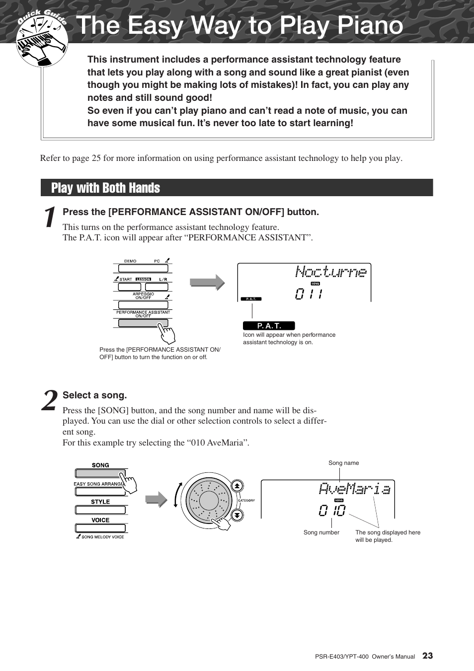 The easy way to play piano, Play with both hands, Nocturne | Avemaria | Yamaha YPT-400  EN User Manual | Page 23 / 126