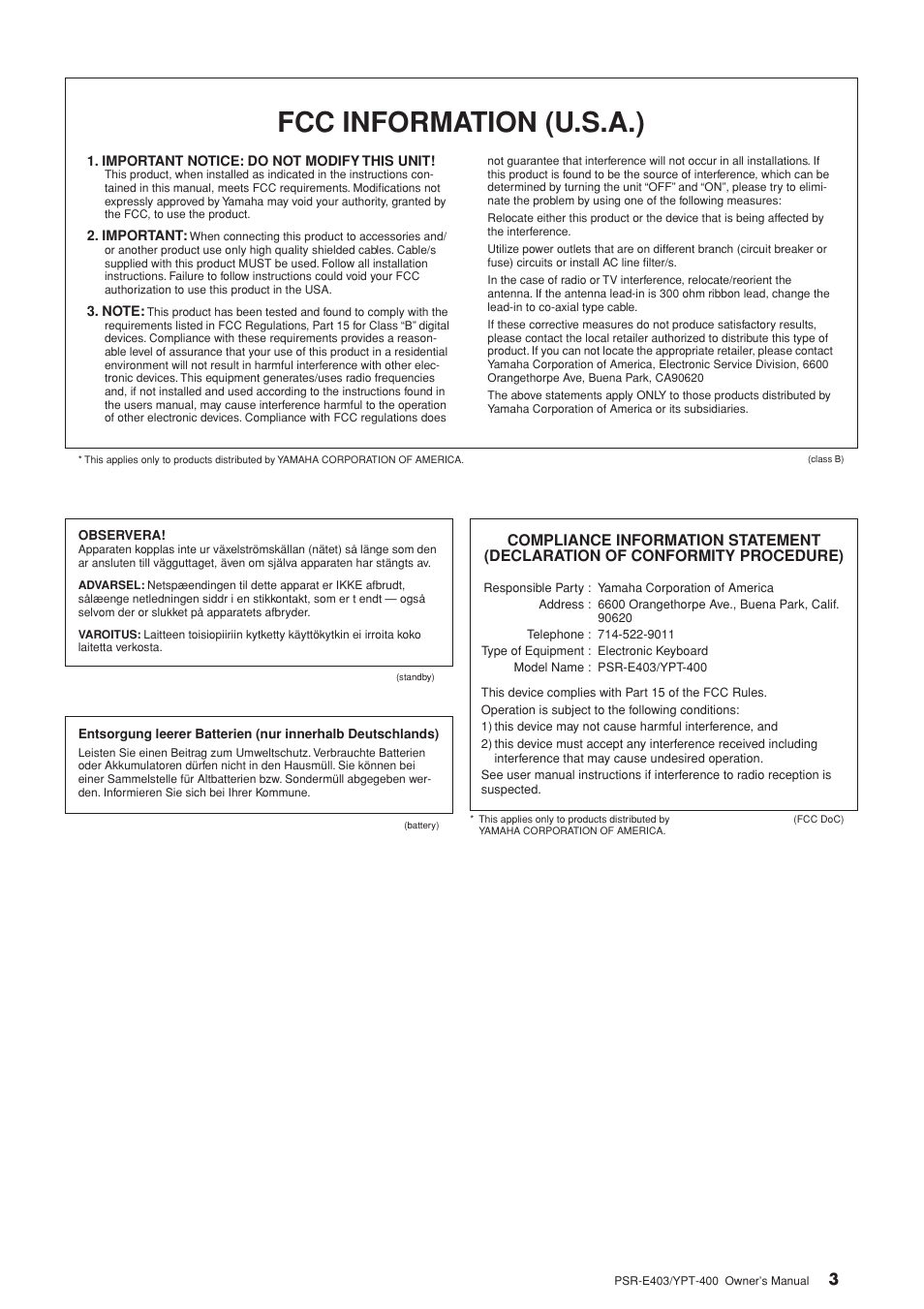 Fcc information (u.s.a.) | Yamaha YPT-400  EN User Manual | Page 3 / 126