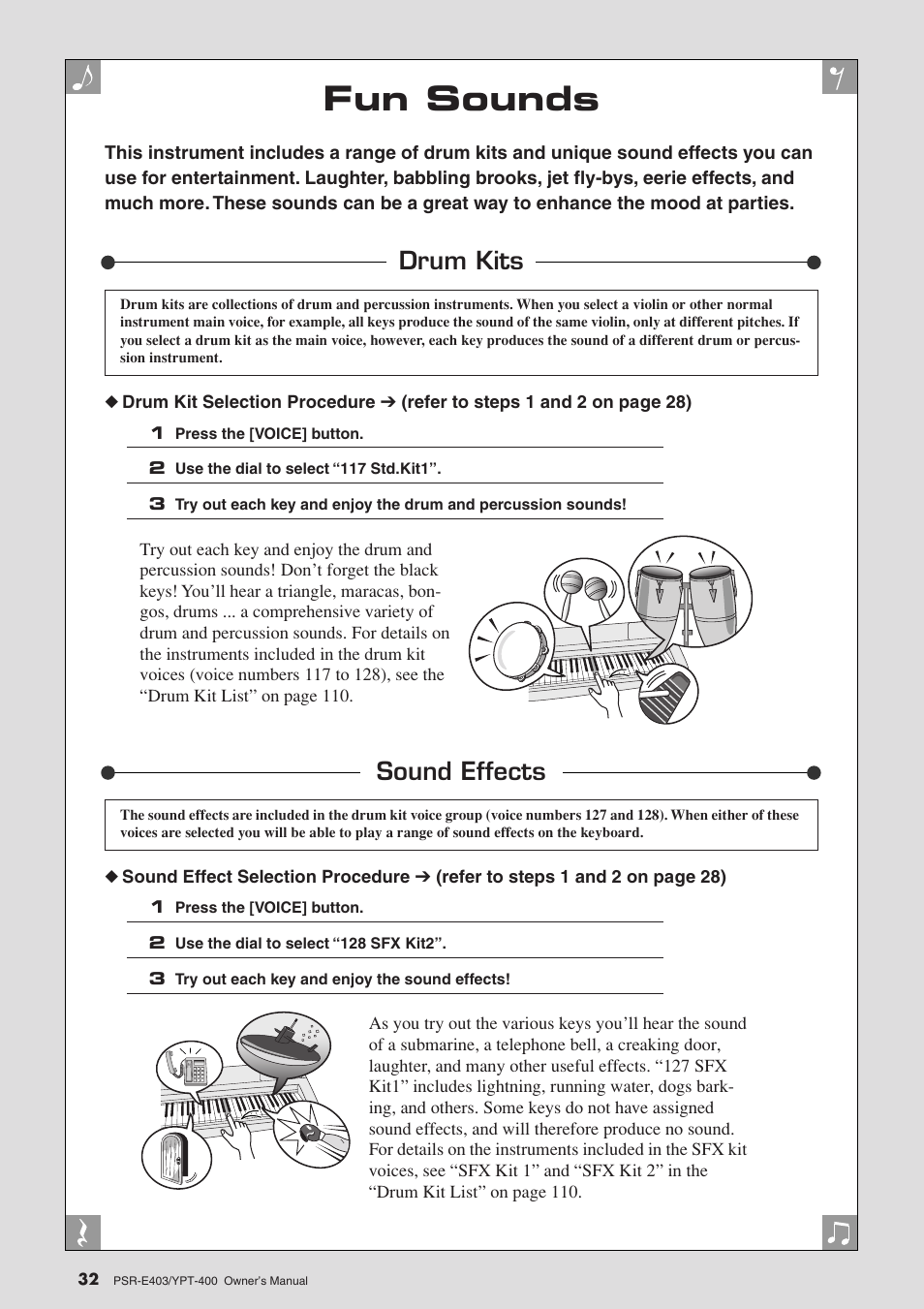 Fun sounds, Drum kits, Sound effects | Drum kits sound effects | Yamaha YPT-400  EN User Manual | Page 32 / 126