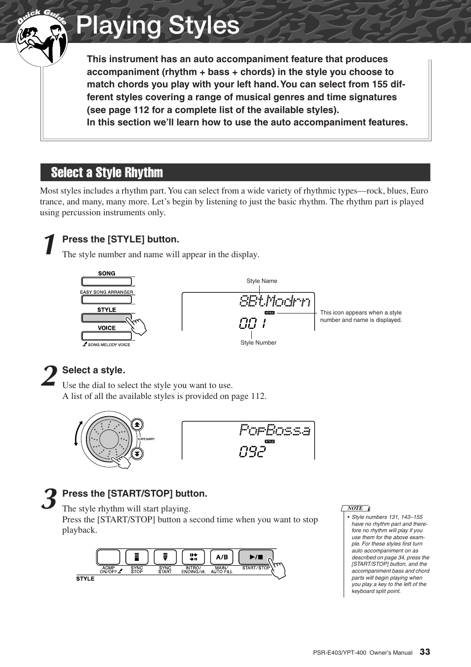 Playing styles, Select a style rhythm, 8btmodrn | Popbossa, Select a style rhythm 001 | Yamaha YPT-400  EN User Manual | Page 33 / 126