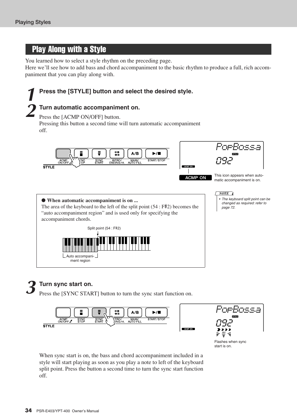 Play along with a style, Popbossa | Yamaha YPT-400  EN User Manual | Page 34 / 126