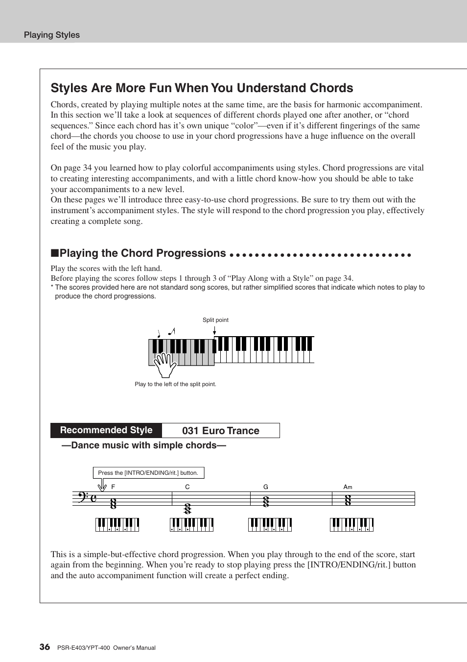 Styles are more fun when you understand chords, Playing the chord progressions, 031 euro trance | Dance music with simple chords, Recommended style | Yamaha YPT-400  EN User Manual | Page 36 / 126