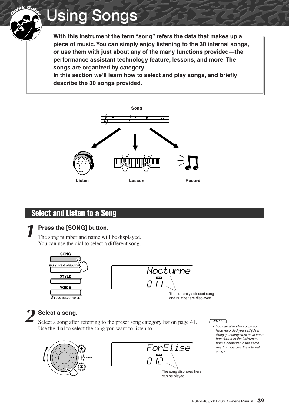Using songs, Select and listen to a song, Nocturne | Forelise, Select and listen to a song 011 | Yamaha YPT-400  EN User Manual | Page 39 / 126