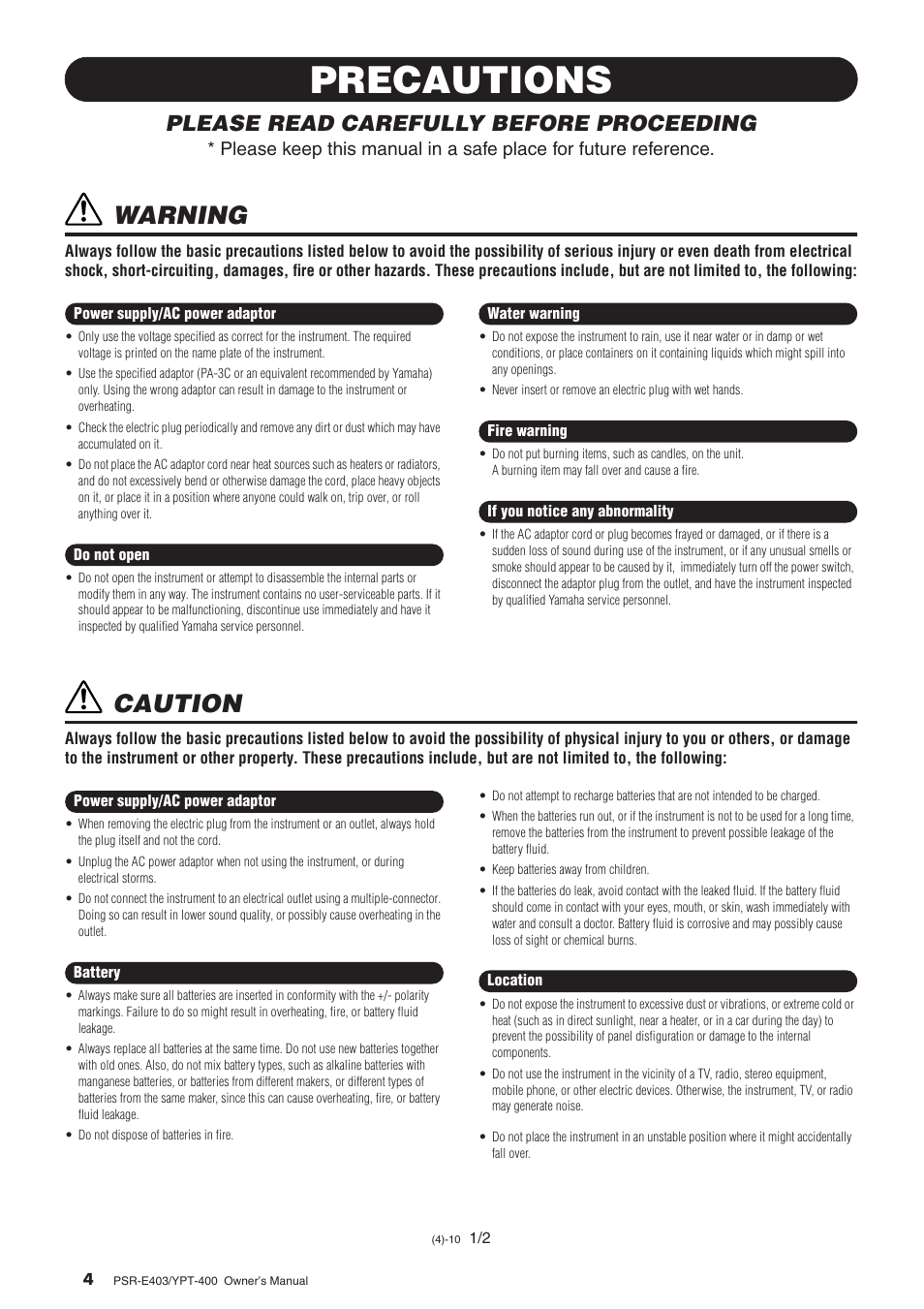 Precautions, Warning, Caution | Please read carefully before proceeding | Yamaha YPT-400  EN User Manual | Page 4 / 126