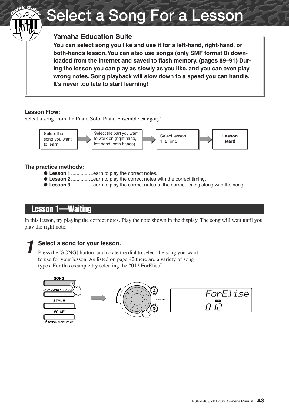 Select a song for a lesson, Lesson 1-waiting, Lesson 1—waiting | Forelise, Lesson 1—waiting 012 | Yamaha YPT-400  EN User Manual | Page 43 / 126