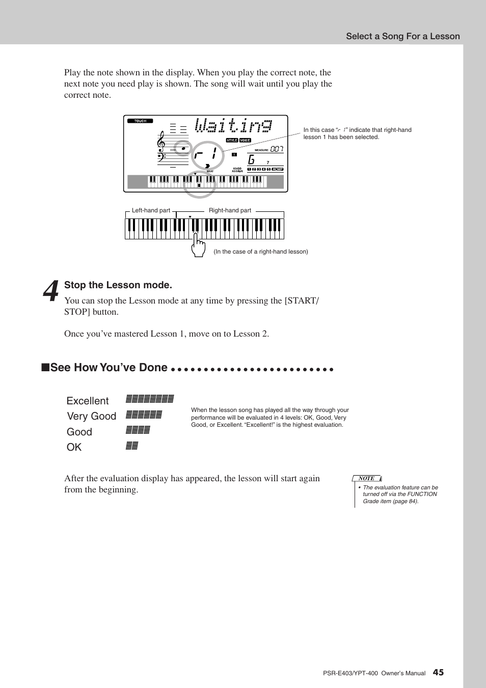 Waiting, See how you’ve done | Yamaha YPT-400  EN User Manual | Page 45 / 126