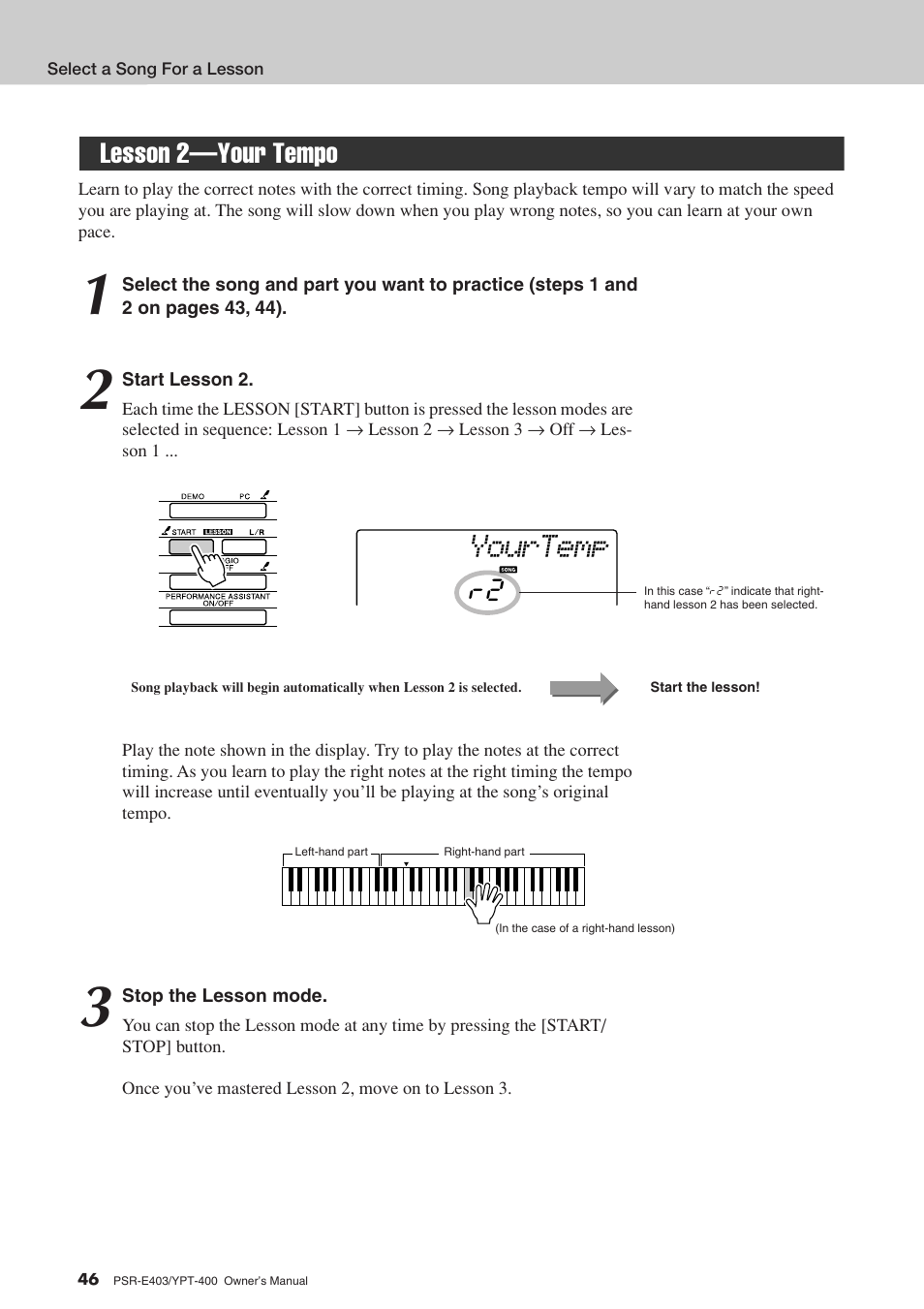 Lesson 2-your tempo, Lesson 2—your tempo, Yourtemp | Lesson 2—your tempo r2 | Yamaha YPT-400  EN User Manual | Page 46 / 126