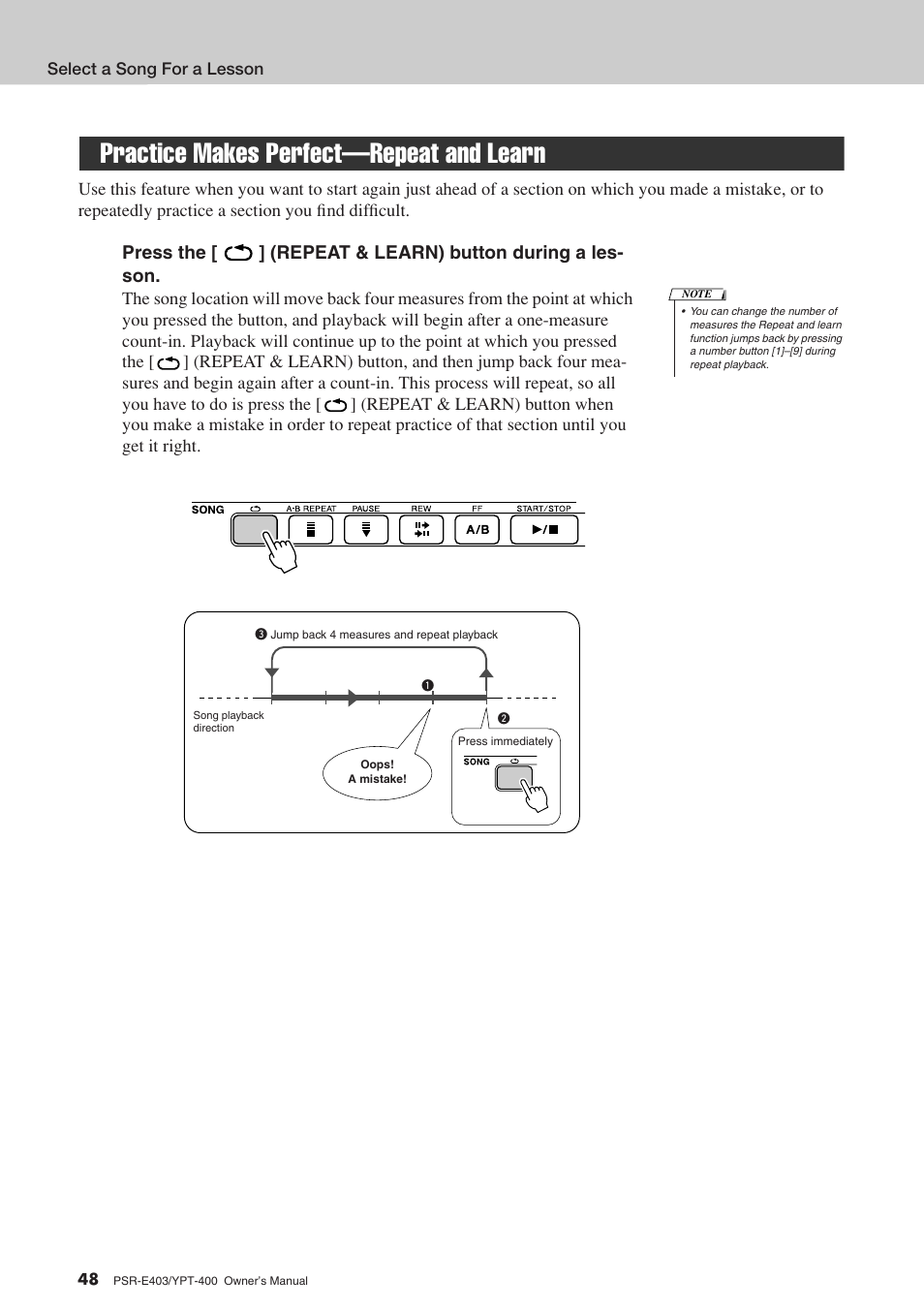 Practice makes perfect-repeat and learn, Practice makes perfect—repeat and learn | Yamaha YPT-400  EN User Manual | Page 48 / 126