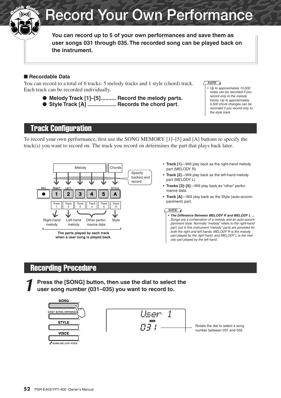 Record your own performance, Track configuration, Recording procedure | Track configuration recording procedure, User 1, Recording procedure 031 | Yamaha YPT-400  EN User Manual | Page 52 / 126