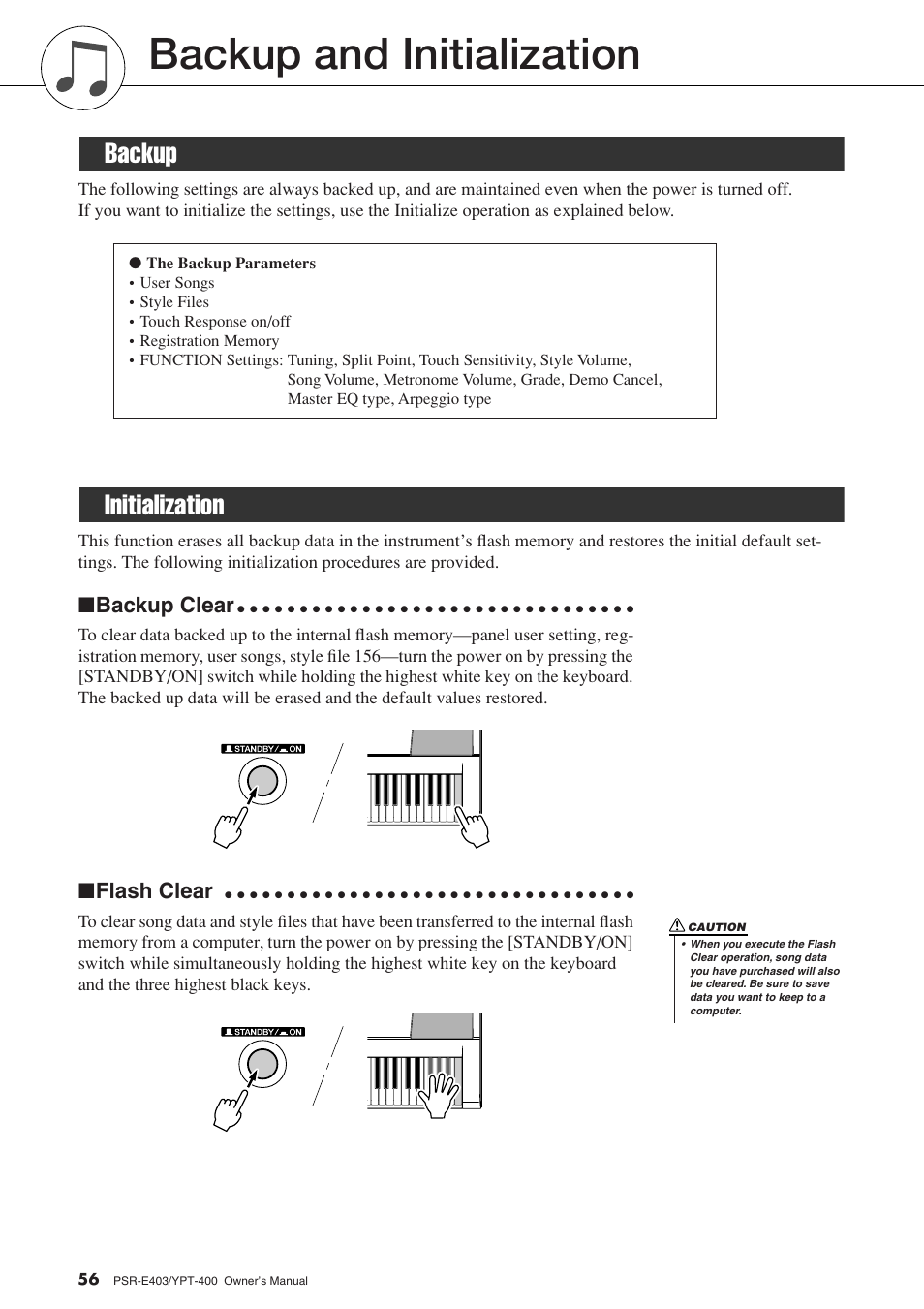 Backup and initialization, Backup, Initialization | Backup initialization, Backup clear, Flash clear | Yamaha YPT-400  EN User Manual | Page 56 / 126