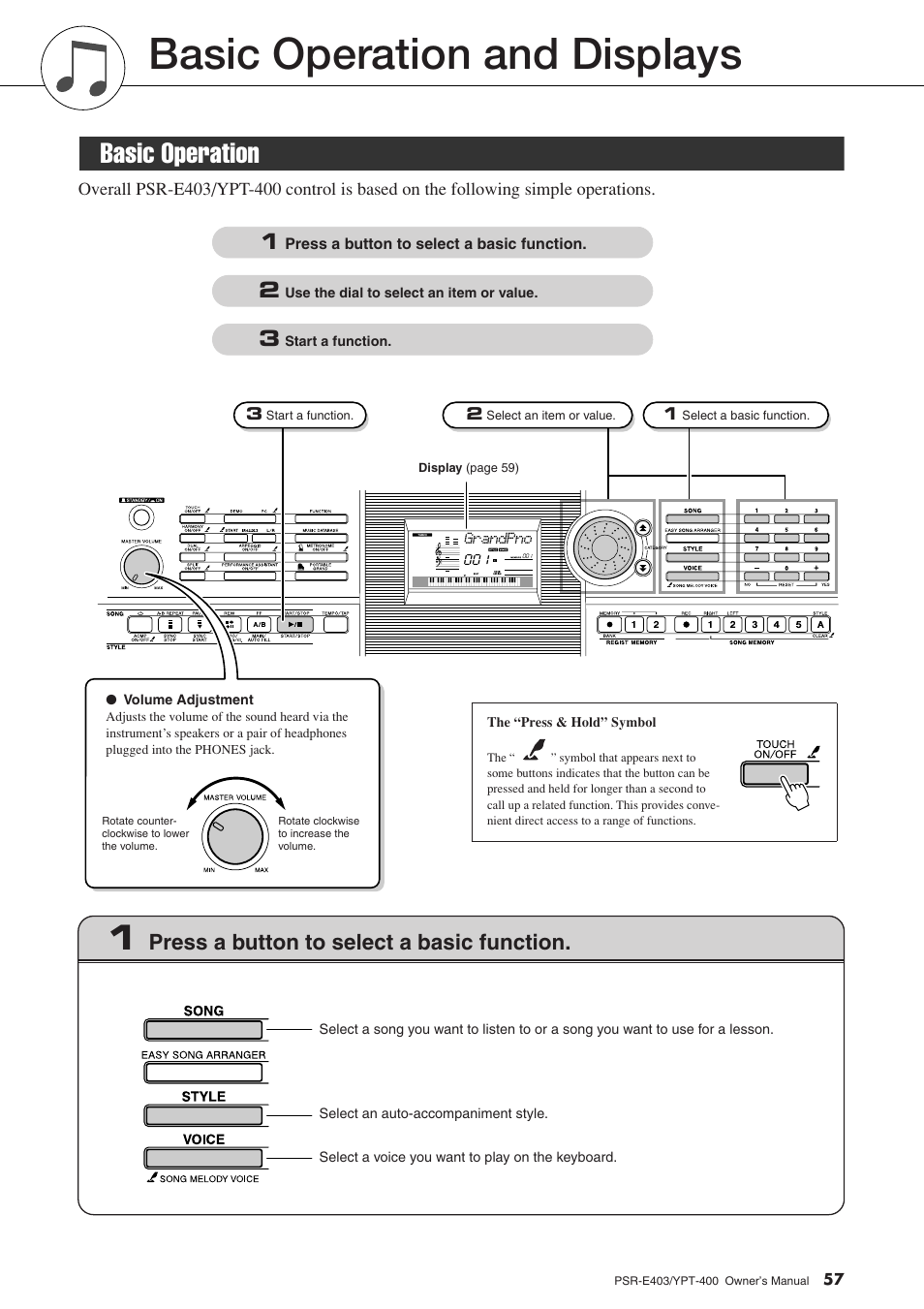 Basic operation and displays, Basic operation, Press a button to select a basic function | Yamaha YPT-400  EN User Manual | Page 57 / 126