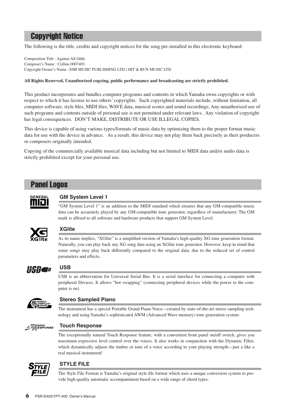 Copyright notice, Panel logos, Copyright notice panel logos | Yamaha YPT-400  EN User Manual | Page 6 / 126