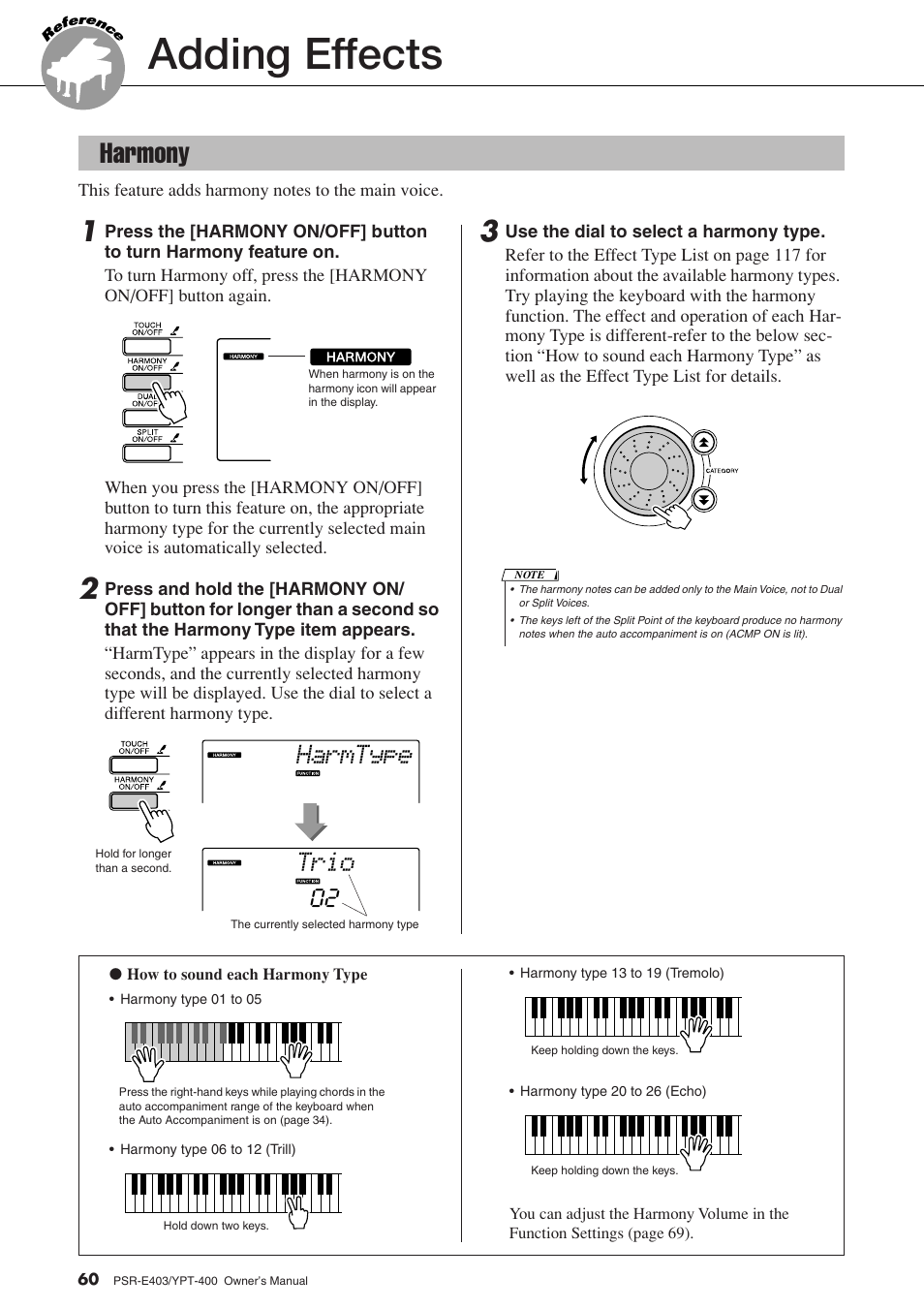 Reference, Adding effects, Harmony | Trio harmtype | Yamaha YPT-400  EN User Manual | Page 60 / 126
