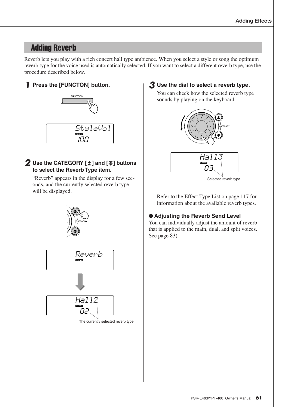 Adding reverb, Stylevol, Hall2 | Reverb, Hall3 | Yamaha YPT-400  EN User Manual | Page 61 / 126